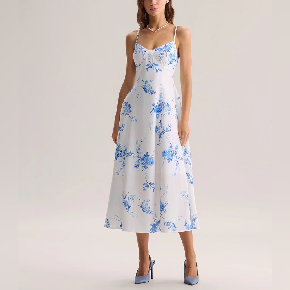Rihoas Blue Floral Shirred A-Line Slip Maxi Dress